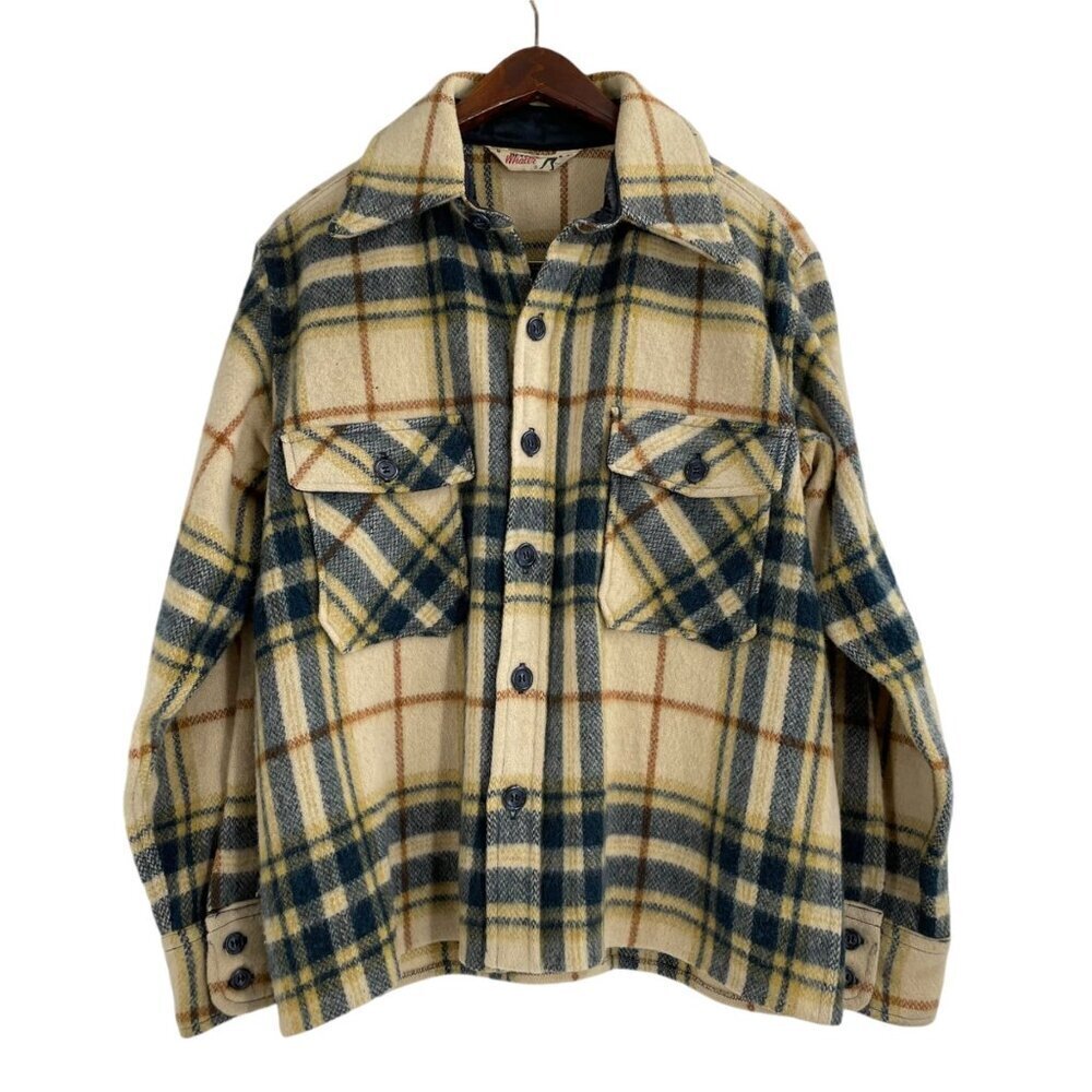 Vintage Peters Whaler Plaid Cream 100% Wool Chore Jacket Mens Medium Pockets
